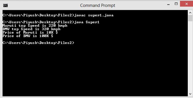 This image describes output of a program supporting, Using super keyword to refer immediate parent class member(field and method).